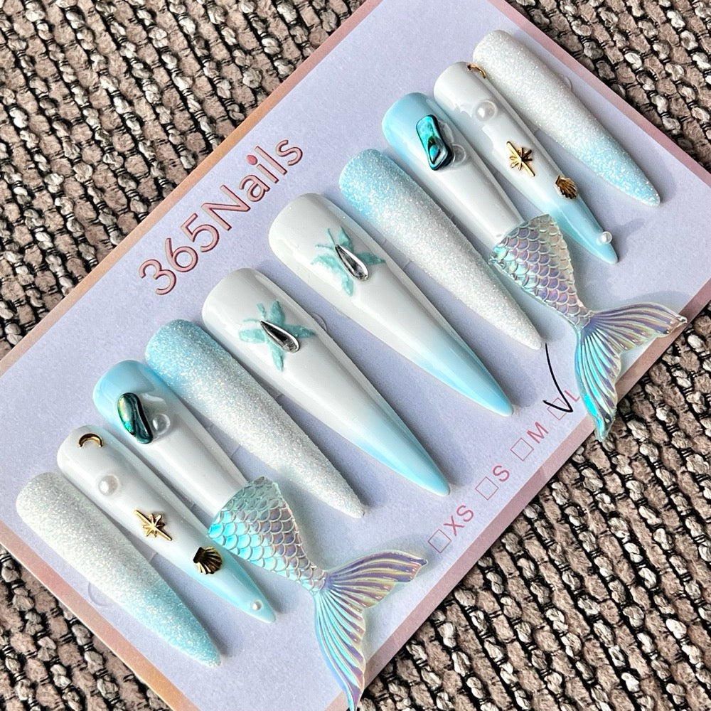 365nails: "Mermaid Tail Blue" – Handmade Long Stiletto Press-On Nails