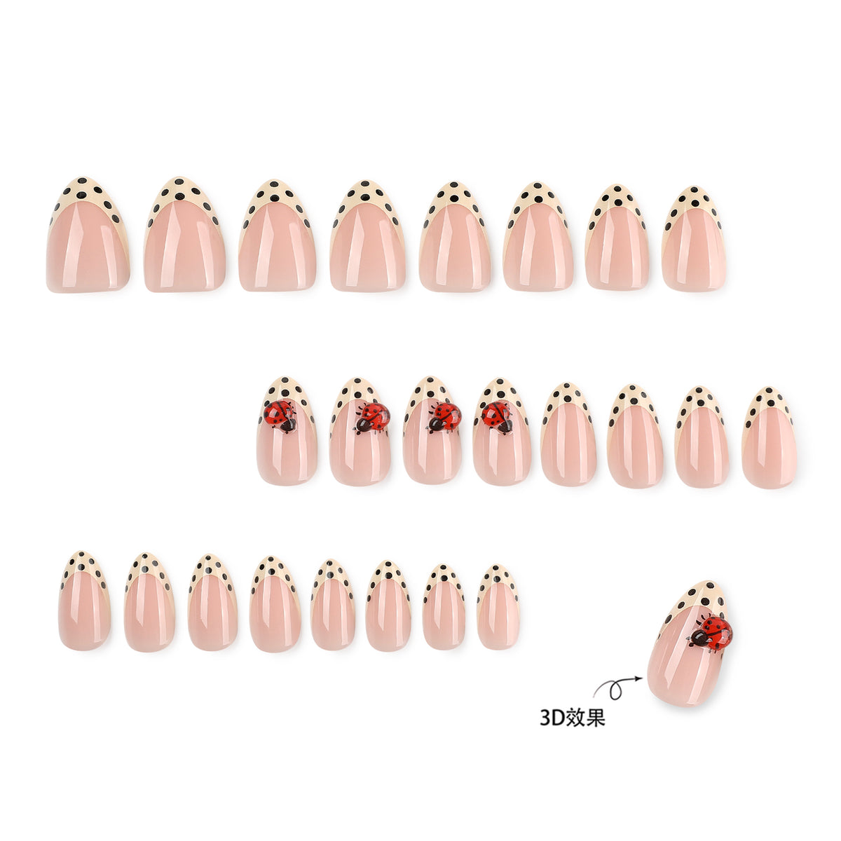 Full set of 24 press-on nails in rows, cream dotted french tips with 3D ladybug on accent nails and a 3D effect label
