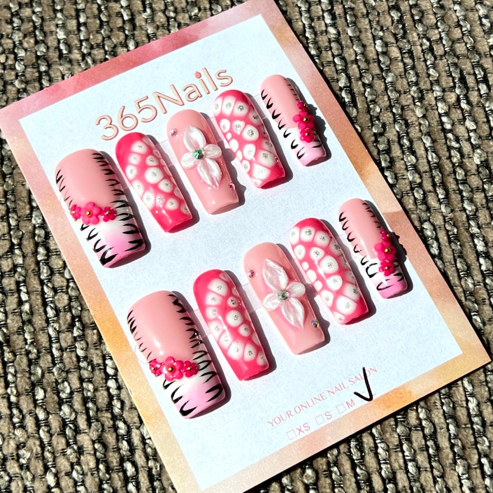 365nails: "Blooming Pop" – 3D Floral & Abstract Dot Handmade Coffin Nails