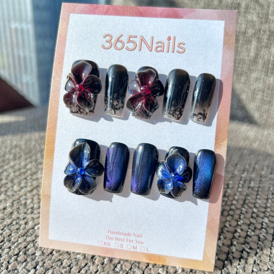 Sculpted Flora: "Gothic Lace Veil" – 3D Burgundy-Black Flower on Black & Lace Ombre Square Nails