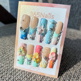 Handmade Tropical Ocean Breeze 3D Floral Press-on Nails | Silver Bows & Butterflies | Long Coffin | 10pcs Set