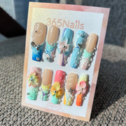 Handmade Tropical Ocean Breeze 3D Floral Press-on Nails | Silver Bows & Butterflies | Long Coffin