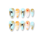 365Nails Palm Coast Press-On Nails Sky-Blue Peach Gradient Hand-Painted Sunset Jelly Gloss