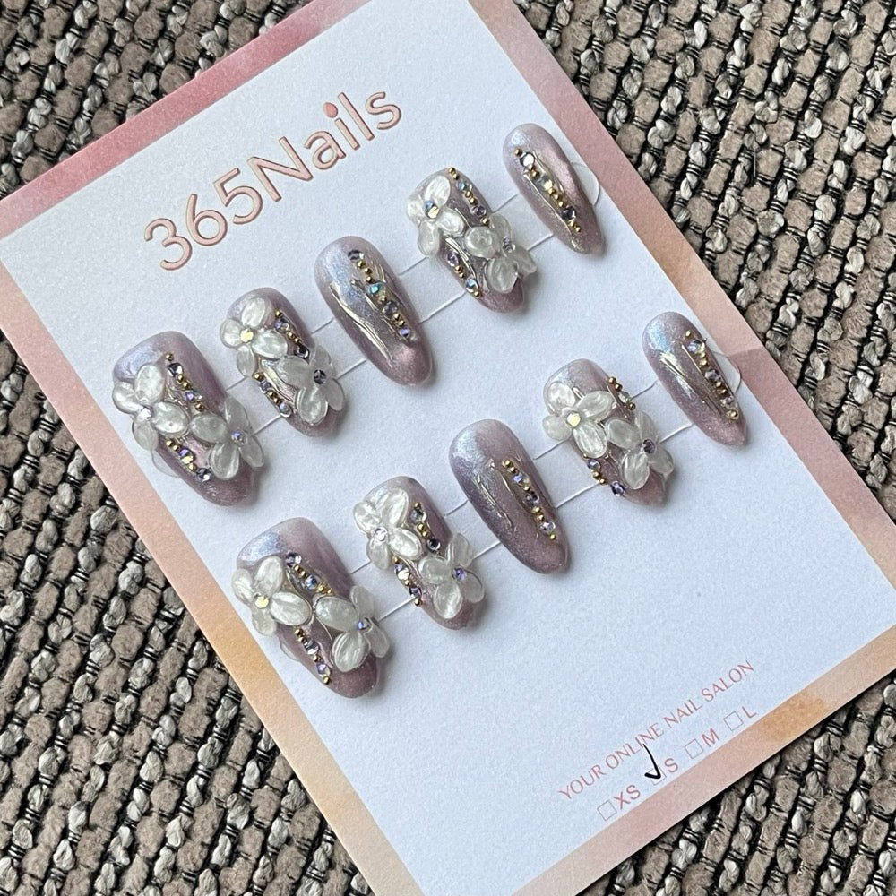 Purple Shimmer 3D Floral & Rhinestone Press-On Nails