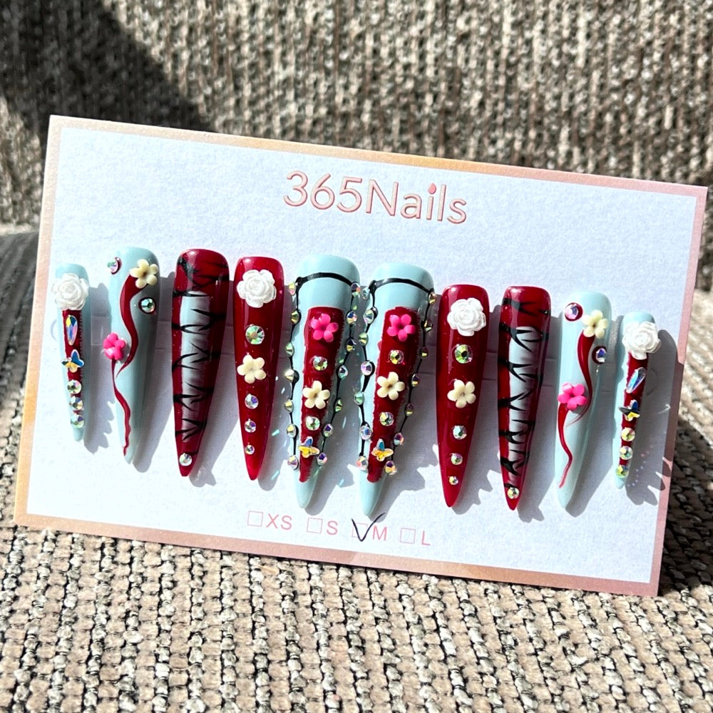 365nails: 「盛開藤蔓」 – 手工製 3D 花朵與漩渦 長款 尖形 穿戴甲