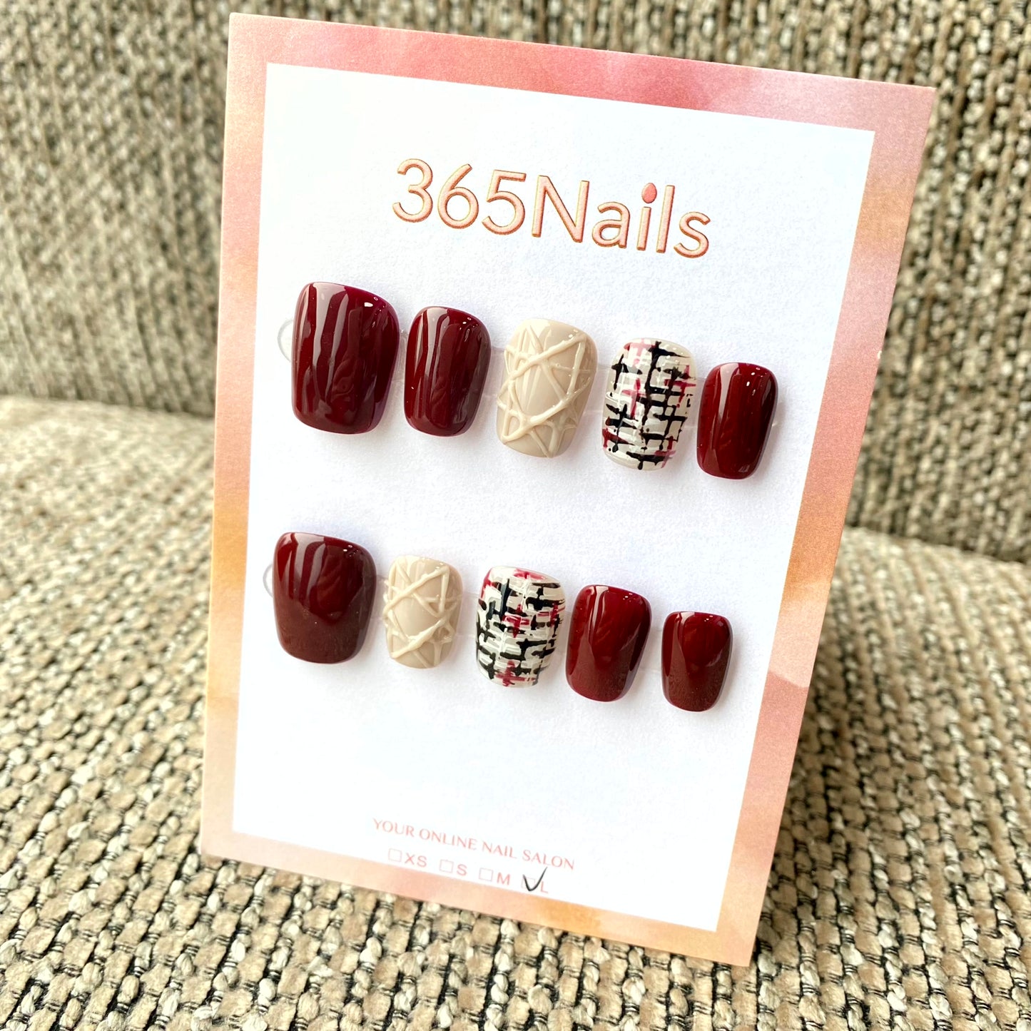 365nails: "Cozy Winter Tweed" – Burgundy & 3D Cable Knit Sweater Handmade Squoval Nails
