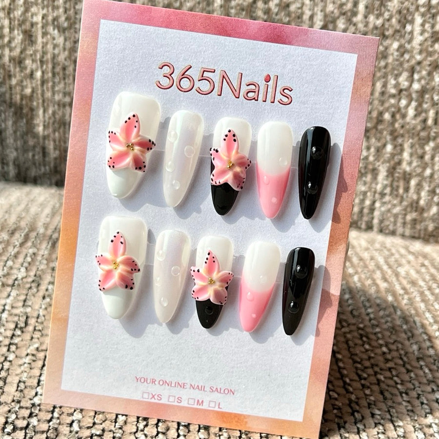 365nails 핑크-블랙 릴리 그라데이션 수제 미디엄 스틸레토형 프레스온 네일