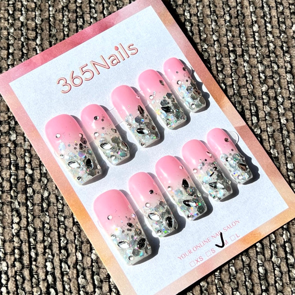 365nails: "Glittering Dream" – Chunky Silver Glitter & Pink French Tip Handmade Square Nails