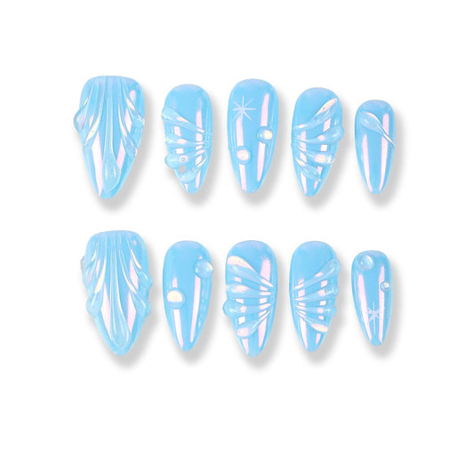 365Nails Glacier Blue Shell-Texture Press-On Nails Pearly Cat-Eye Jelly Gloss
