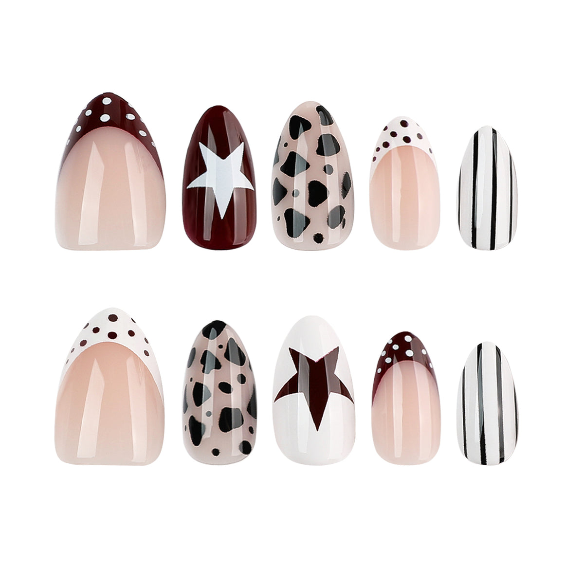Ten short almond press-on nails displayed in two rows with leopard, star, stripe and dotted French designs.