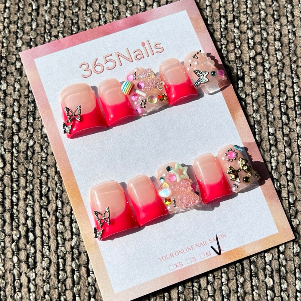 365nails: "캔디랜드 드림" – 3D 참 & 옴브레 수제 프레스온 네일 숏 스퀘어형