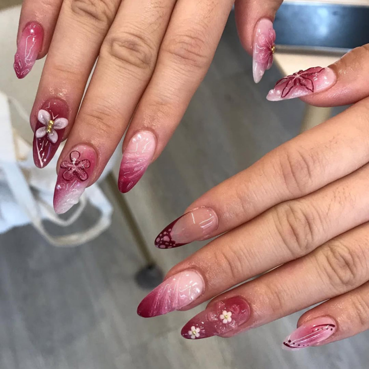 3D French Floral Glossy Pink White Almond Short Press On Nails – Design 7