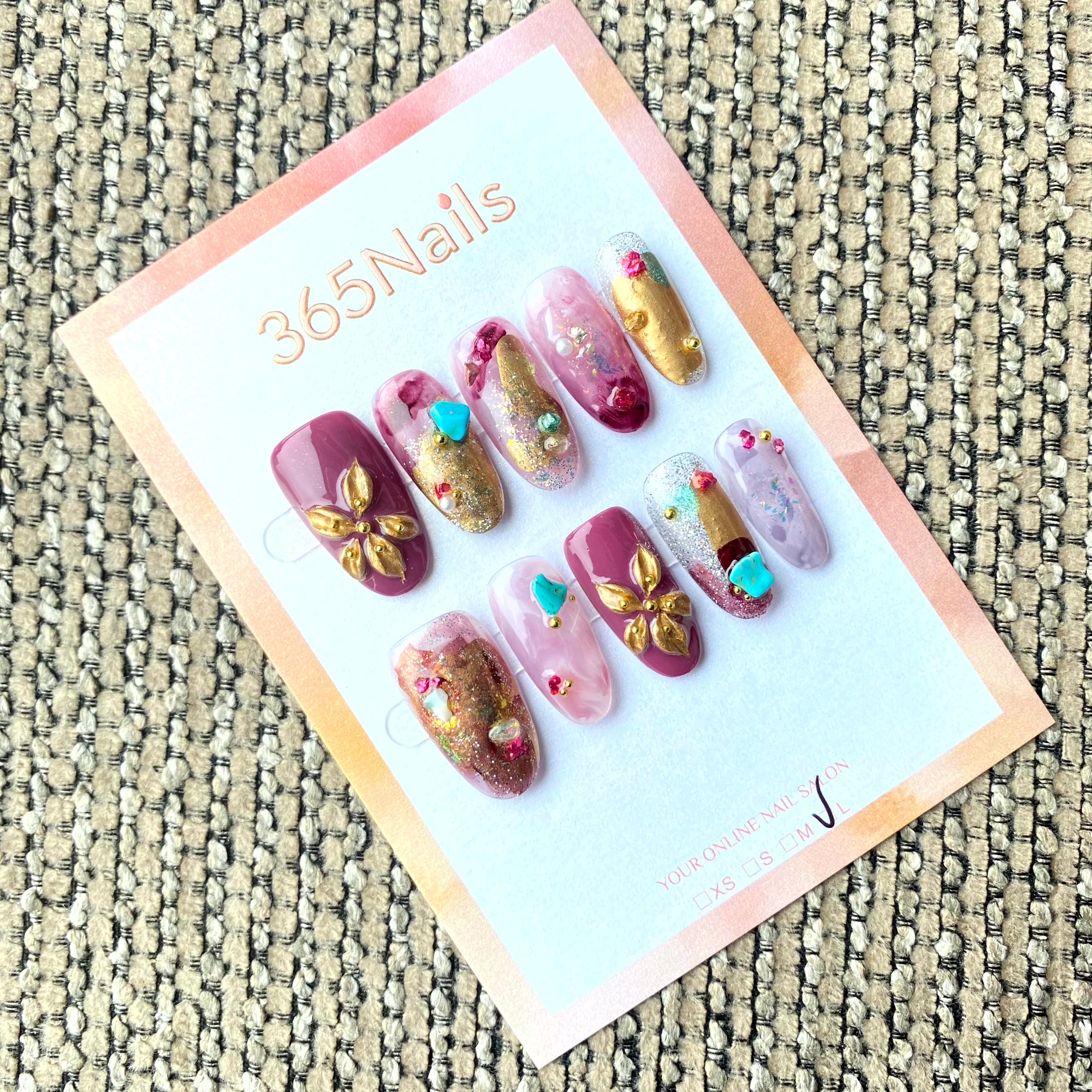 365nails: "Bohemian Berry" – 3D Gold Flower & Turquoise Stone Handmade Oval Nails
