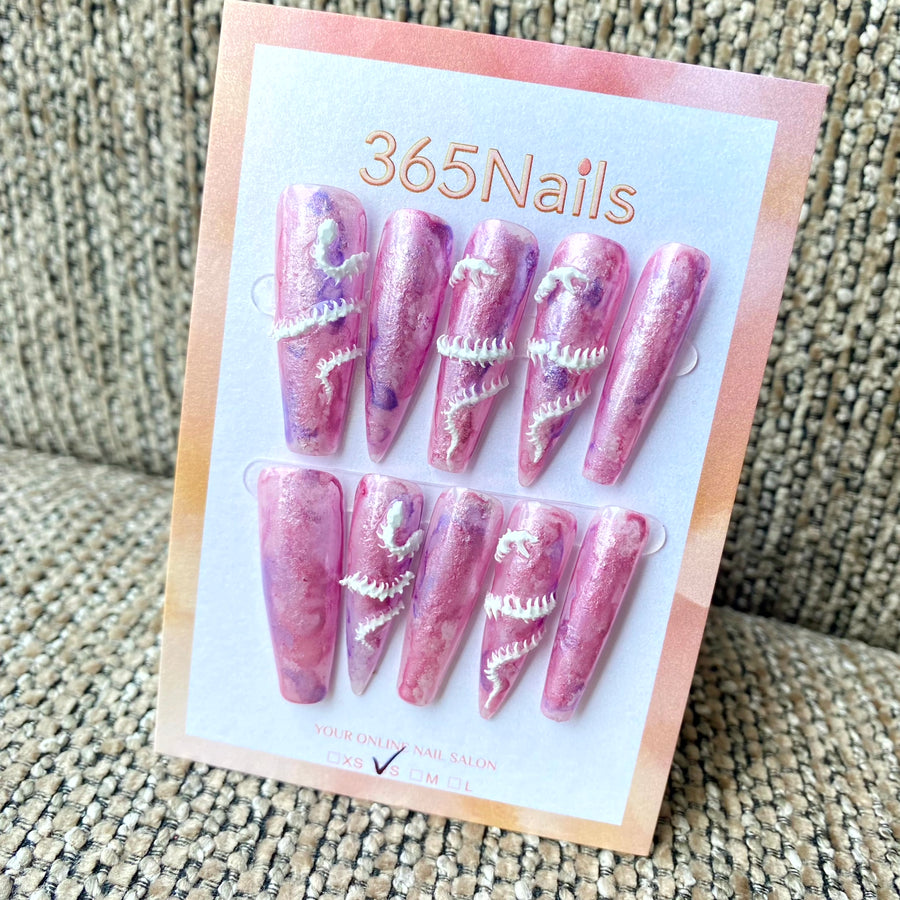 365nails: "Mystic Skeleton Swirl" – Pink-Purple Shimmer with White Skeleton Spine 3D Handmade Stiletto Nails