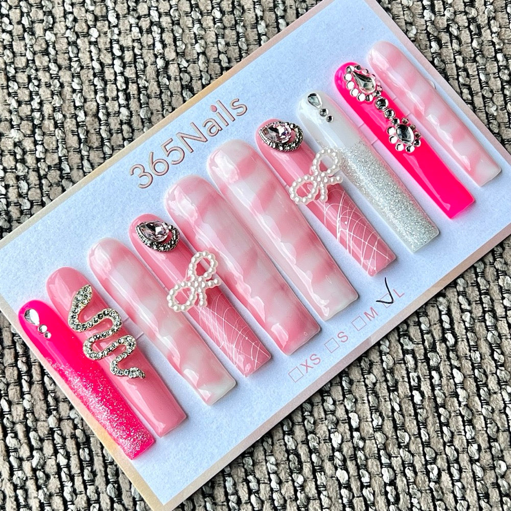 365nails: "Sweet Serpent" – 3D Snake & Bow Handmade Press on Nails Long Square Nails