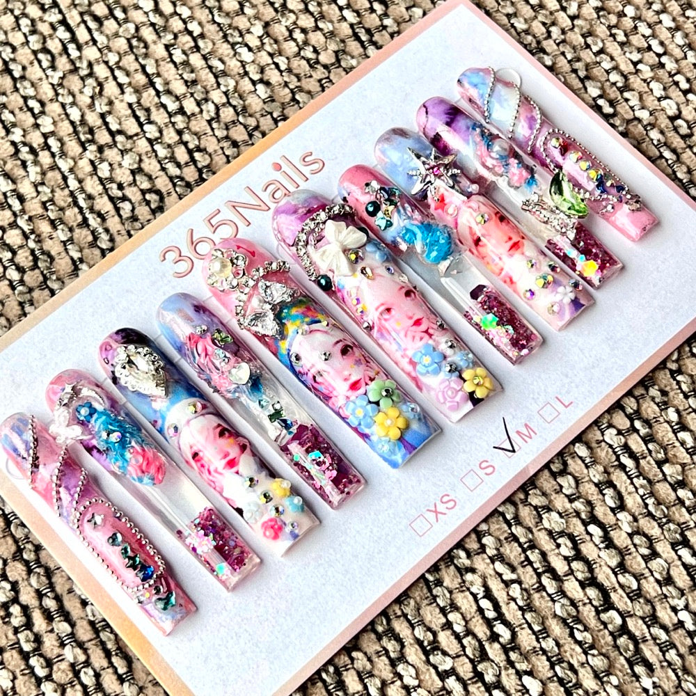 365nails: "Pastel Unicorn Princess" – Handmade Floral Liquid Motion Press-On Long Pipe Nails-5.5cm