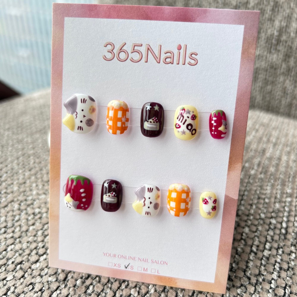 Cartoon & Dopamine: "Strawberry Cat Cafe" – 3D Calico Cat, Chocolate Cake, Orange Plaid & Graffiti Text Short Nails