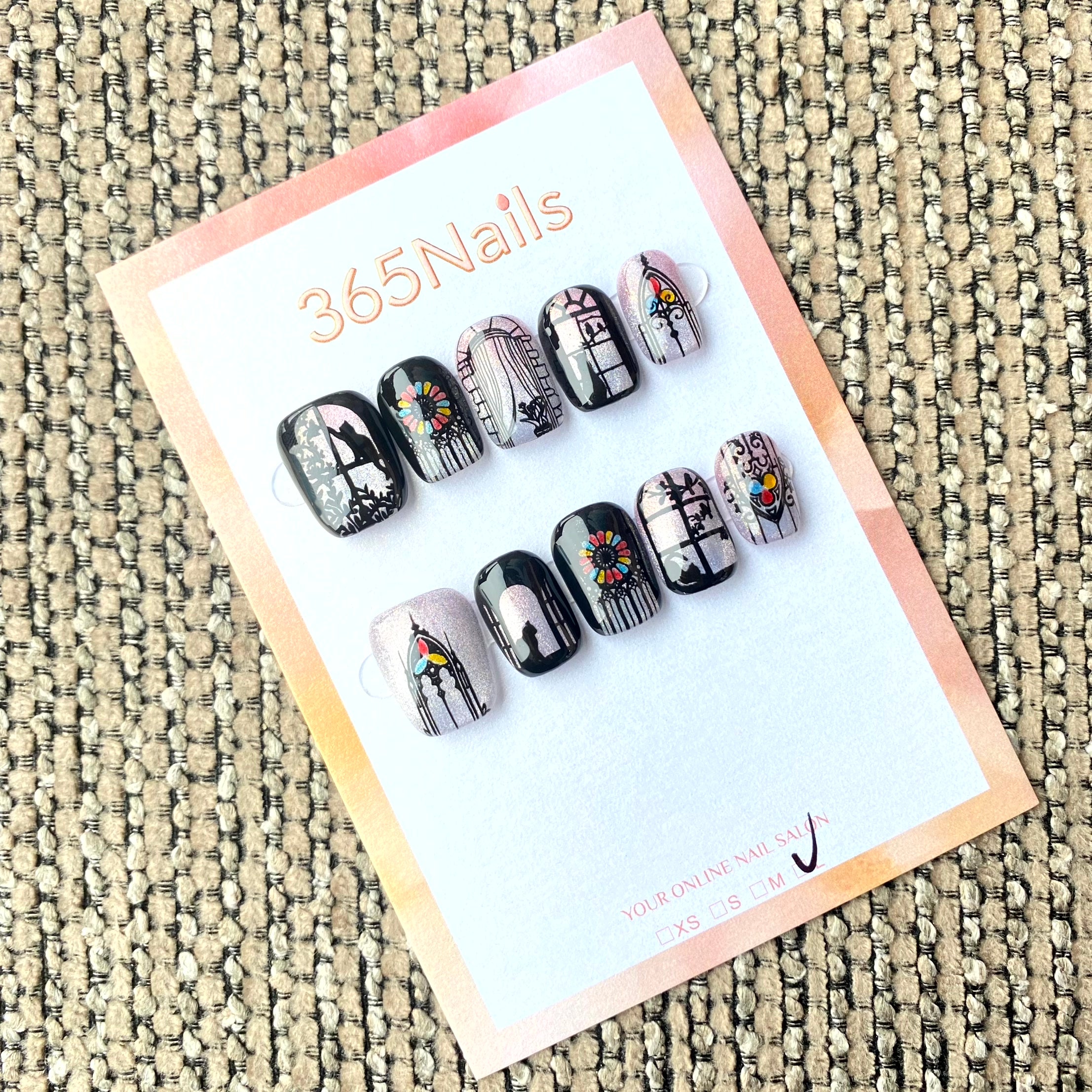 Luxury Logo 365nails: "Midnight Cathedral" – Hand-painted Gothic Window & Cat Handmade Squoval Nails