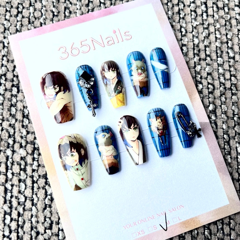 365nails: "Demon Slayer Inosuke Hashibira" – Handmade Medium Trapezoid Press-On Nails