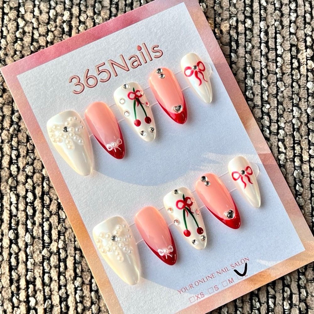 365nails: "체리 리본 쉬머" – 수제 미디엄 스틸레토형 프레스온 네일