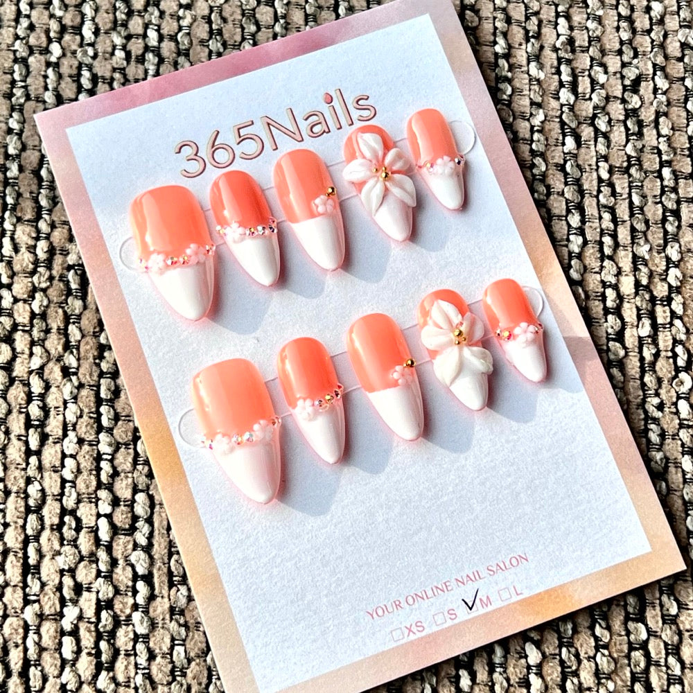 "Peach French Flower" - Wholesale Ultra-Soft Flexible Fit Handmade Nails (MOQ=100)