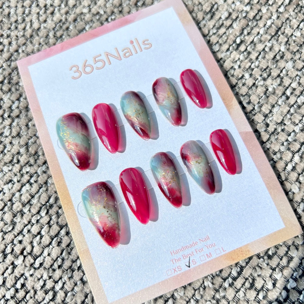 Ethereal Ink: "Crimson Jade Ink" – Deep Magenta & Teal Green Artistic Marble with Gold Foil Almond Nails