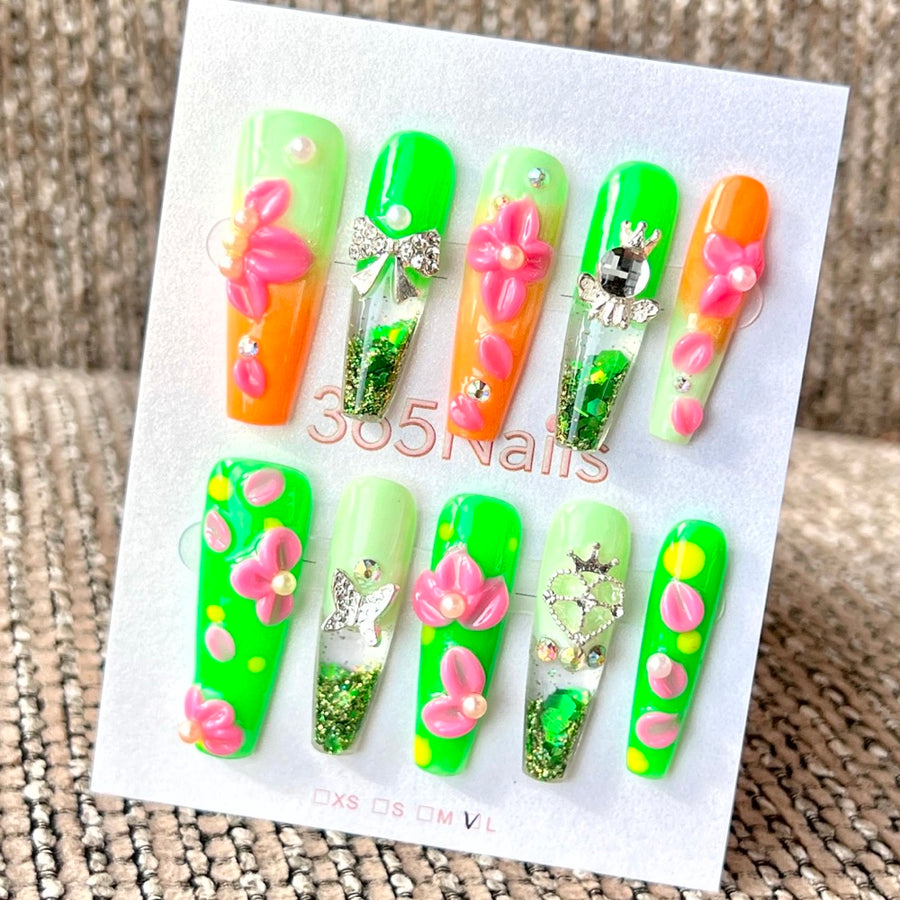 365nails: "Tropical Orchid Glow" – Handmade Liquid Motion Press-On Medium Square Nails-3.5cm