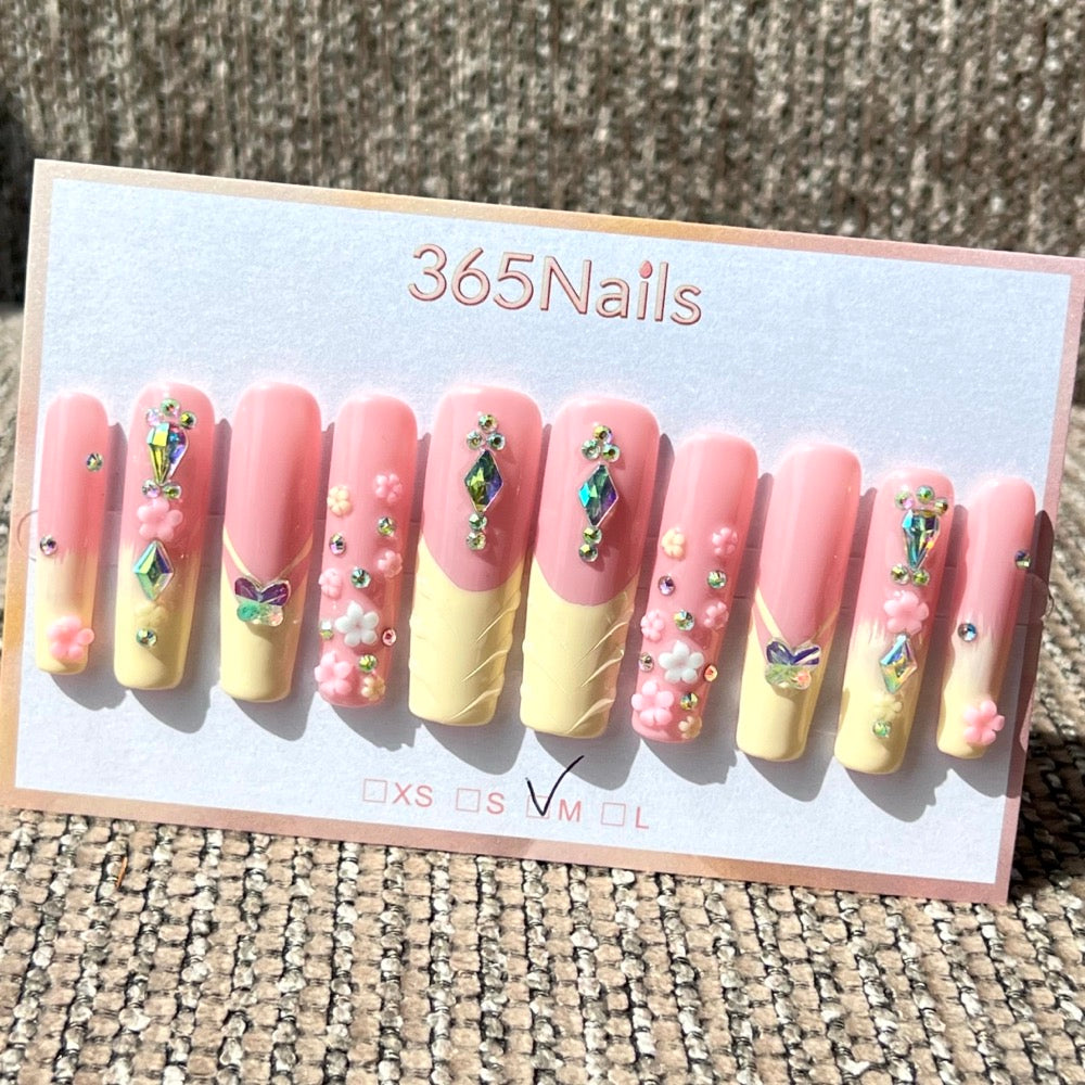 365nails: "Enchanted Garden" – 3D Floral & Butterfly Handmade Medium Coffin Nails