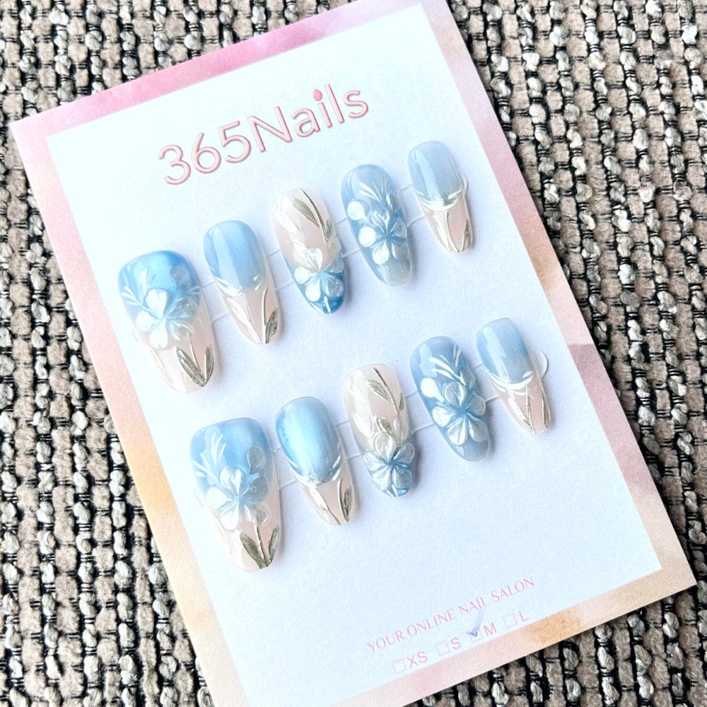365nails: "Azure Blossom" – Handpainted Floral & Feather Handmade Short Square Nails