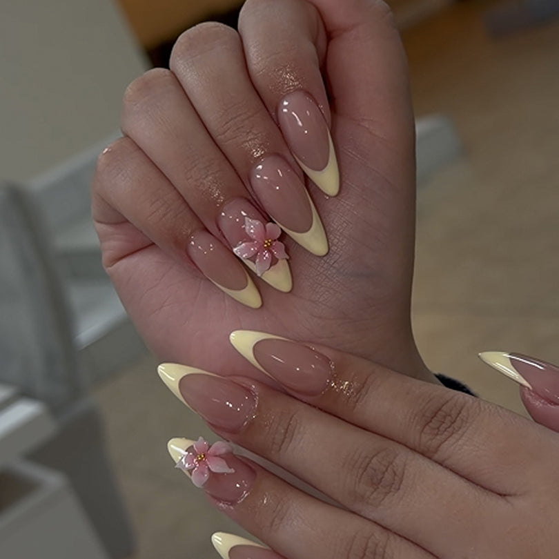 3D French Floral Glossy Pink White Almond Short Press On Nails – Design 67