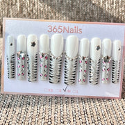 365nails: 화이트 실버 고양이 발자국 수제 롱 사다리꼴형 프레스온 네일