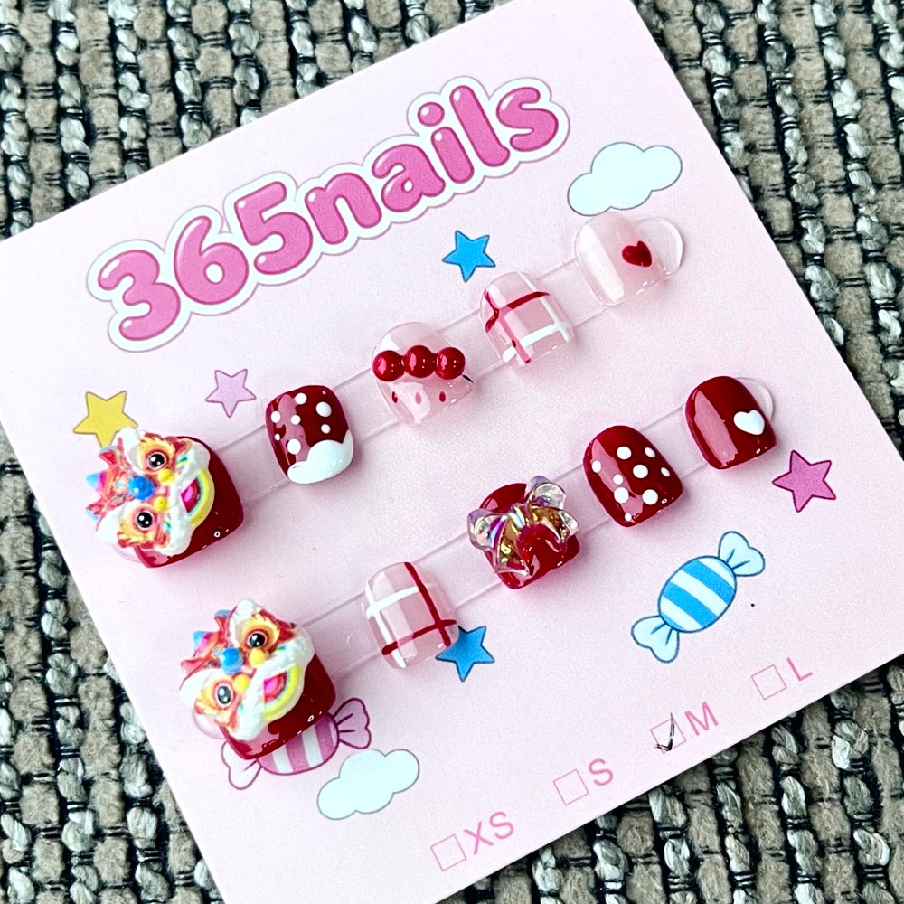 365nails: "Lunar Lion Dance" – 3D Cultural Handcrafted Festive Short Square Nails