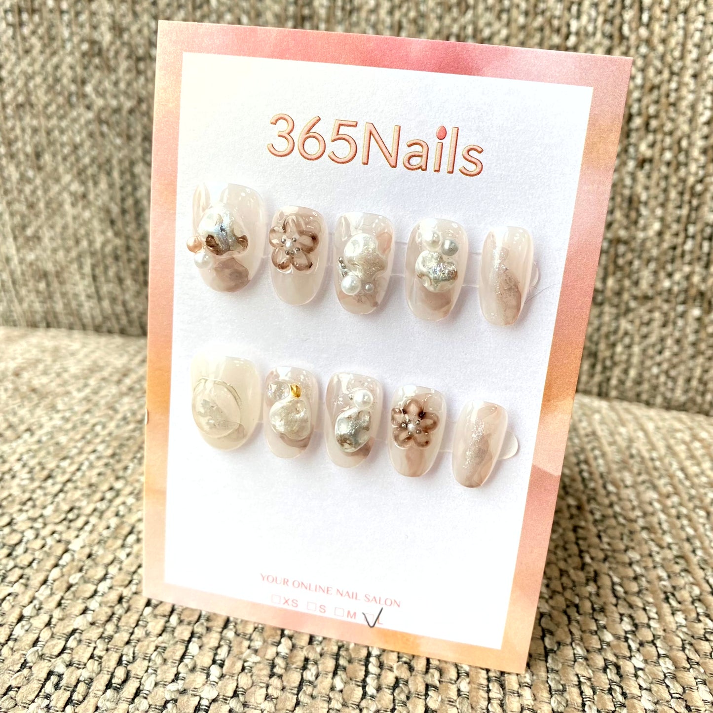 365nails: "Crystal Taupe Bloom" – Sheer Marble & 3D Clear Floral Handmade Oval Nails