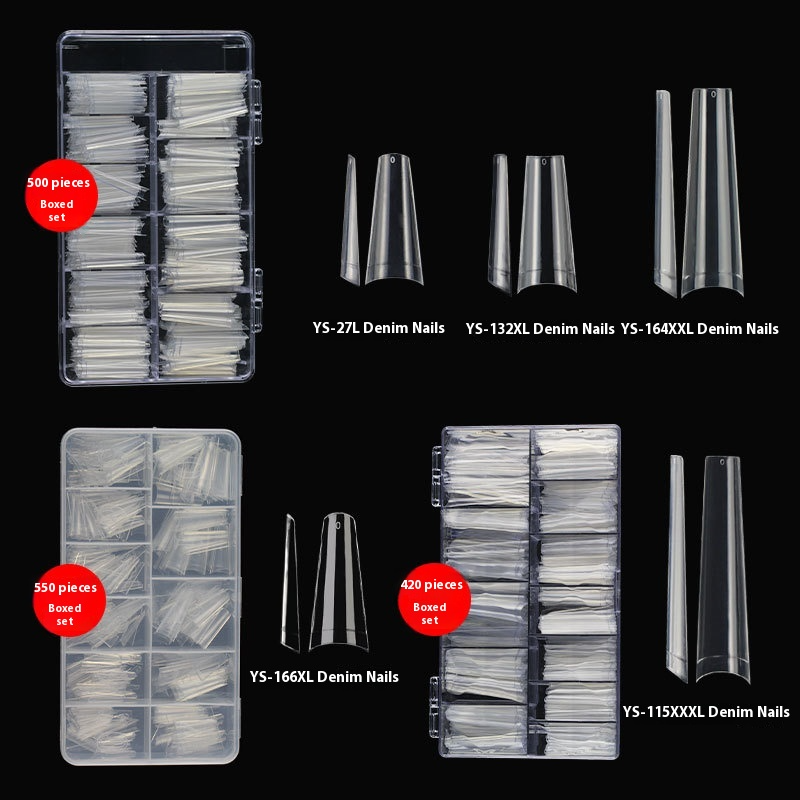 Nail Tips nail lengthening,  super long flat head fake nails half sticker denim nail trapezoidal press on nails wholesale (MOQ=3)