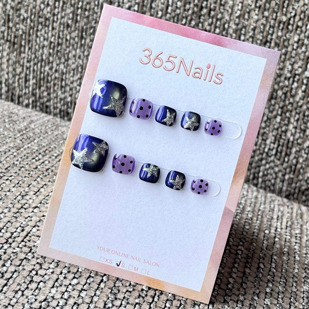 Purple Silver Star Polka Dot Press-On Toenails