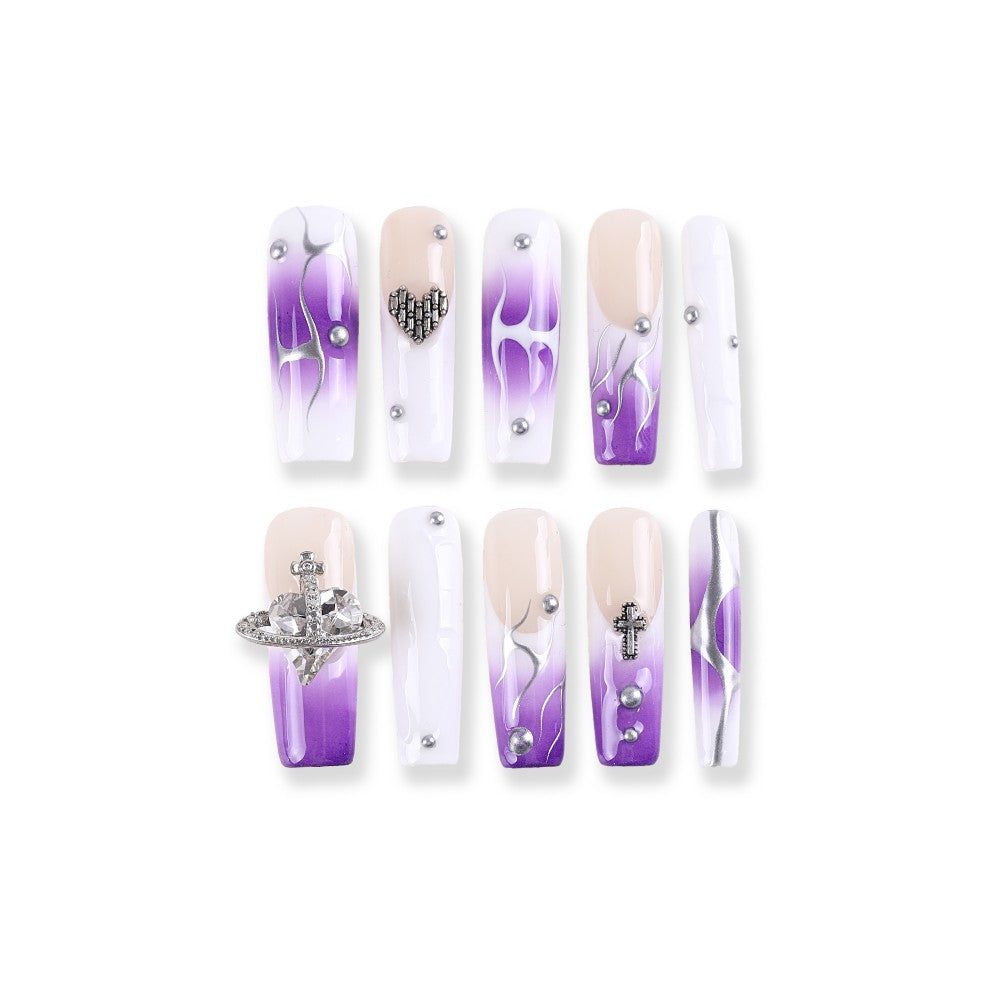 Purple Flame Gradient Press-On Nails with Cross, Heart, and Planet Charms