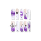Purple Flame Gradient Press-On Nails with Cross, Heart, and Planet Charms
