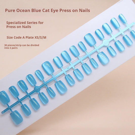 Nail Tips  prefabricated nail, press on nails removable cat eye pure sea blue fairy air nail piece short T nail patch ｜365nails