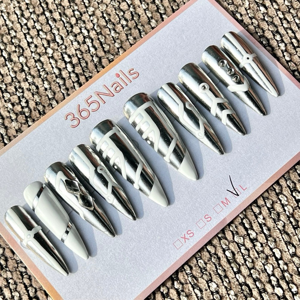365nails 실버 화이트 사이버 수제 롱 스틸레토형 프레스온 네일