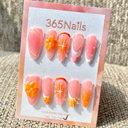365nails 桃橘柑花 3D 水果與花朵 手工製 中長款 尖形 穿戴甲