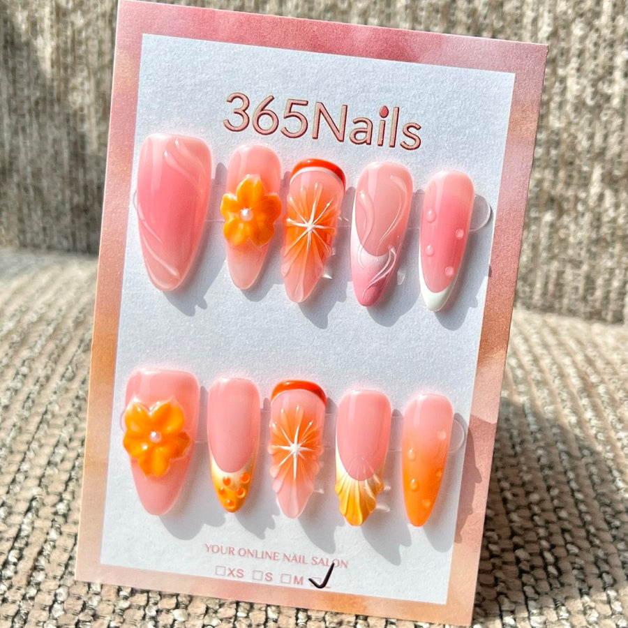 365nails: "Peach Orange Citrus Flower" – 3D Fruit & Flower Handmade Medium Stiletto Press-On Nails