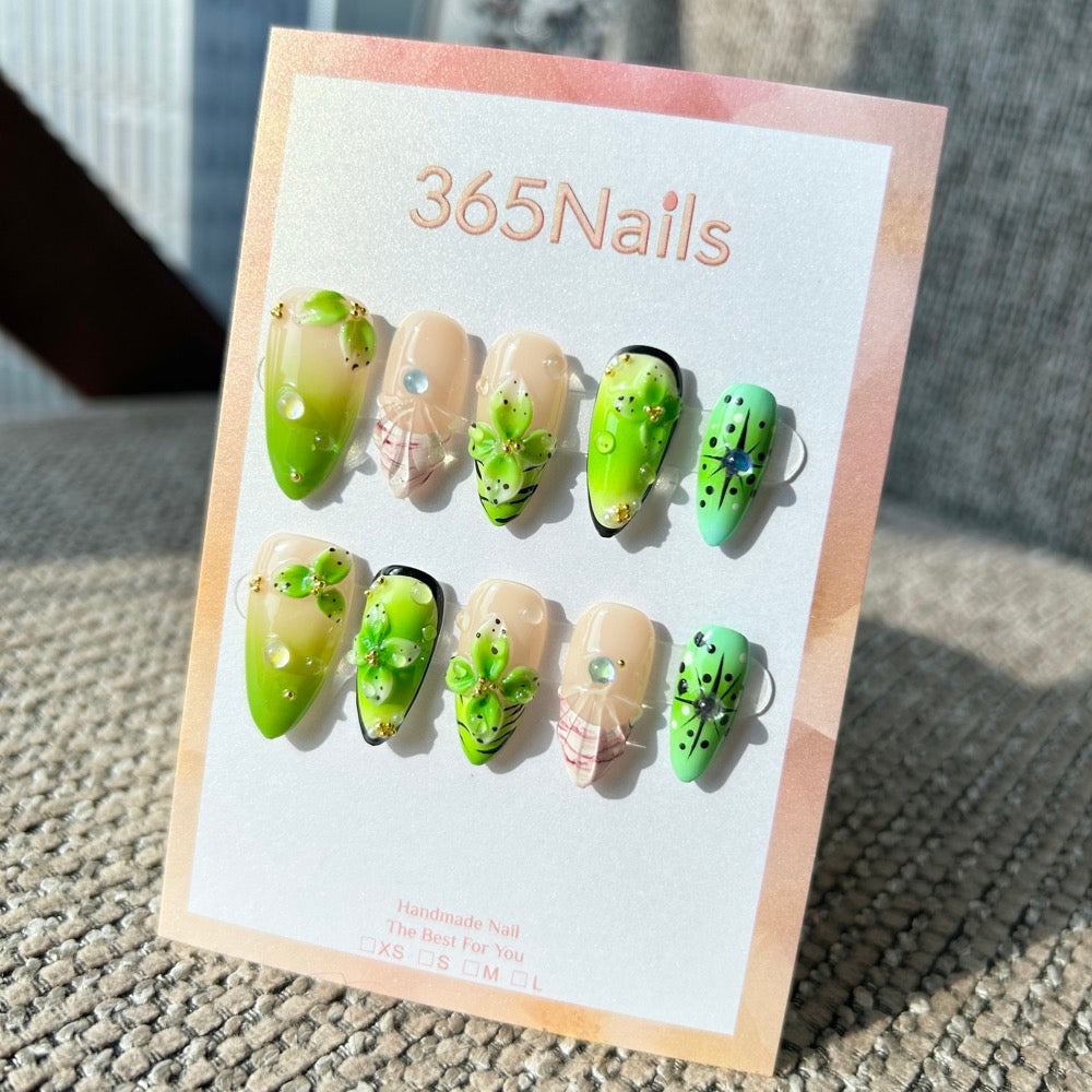 Handmade "Kiwi Lime Splash" 3D Floral Press-on Nails | Green Ombre & Y2K Starburst | Almond | 10pcs Set