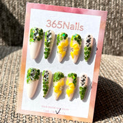365nails: "Emerald Garden" – 3D Floral & Rhinestone Handmade Almond Nails