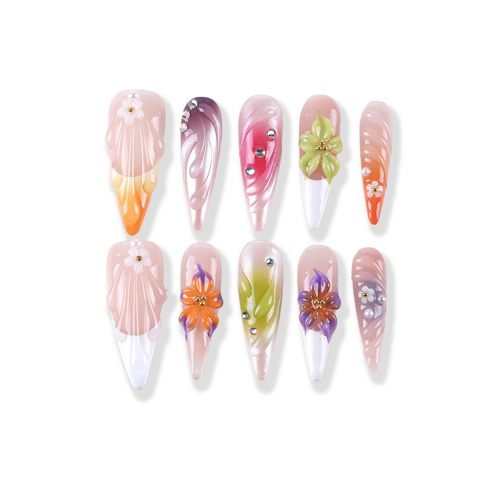 Jelly peach orange carved long pointed gradient crystal flower press on nail