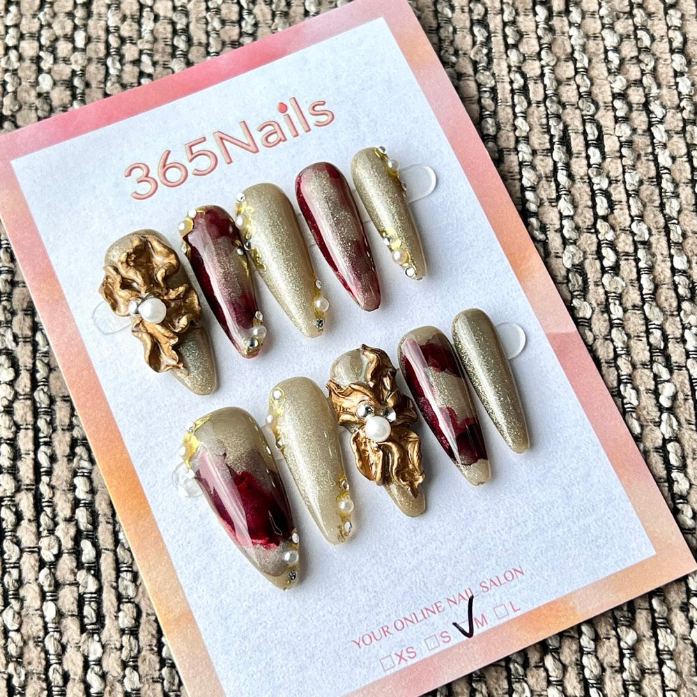 365Nails: 「復古橄欖花」— 手工製3D珍珠與金箔穿戴甲