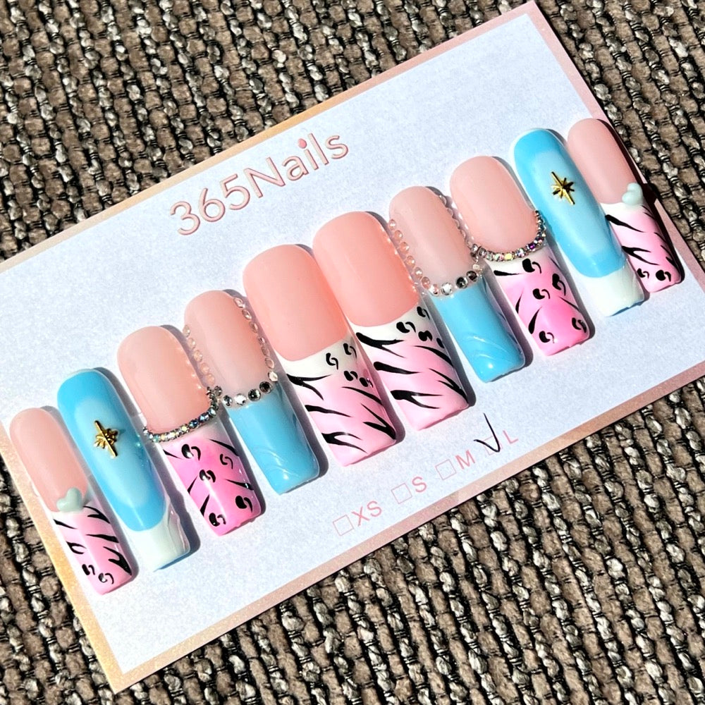 365nails: "Pastel Wild" – 3D Rhinestone & Animal Print Handmade Medium Almond Nails