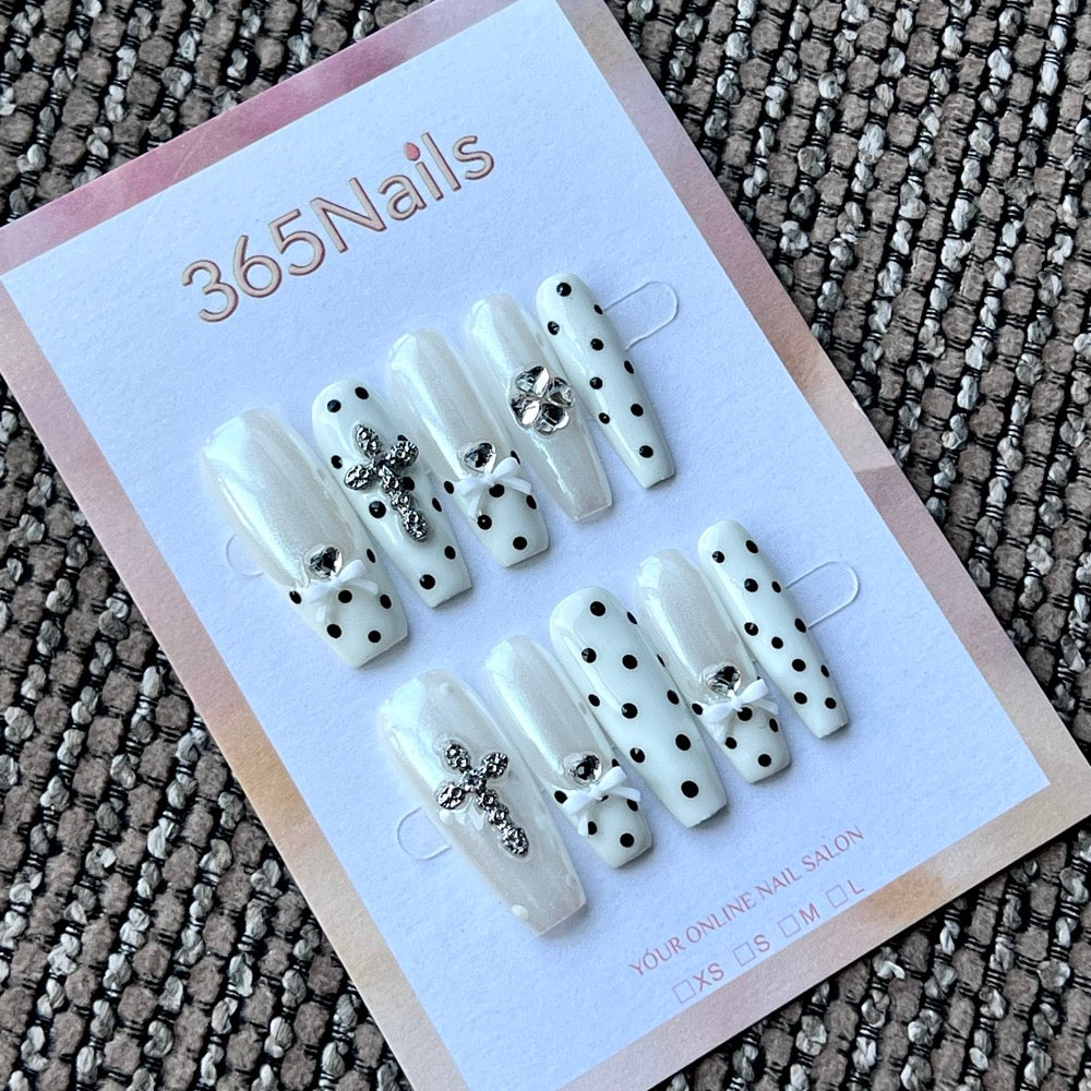 Pearl Dot Cross - White Charm Square Press-On Nails