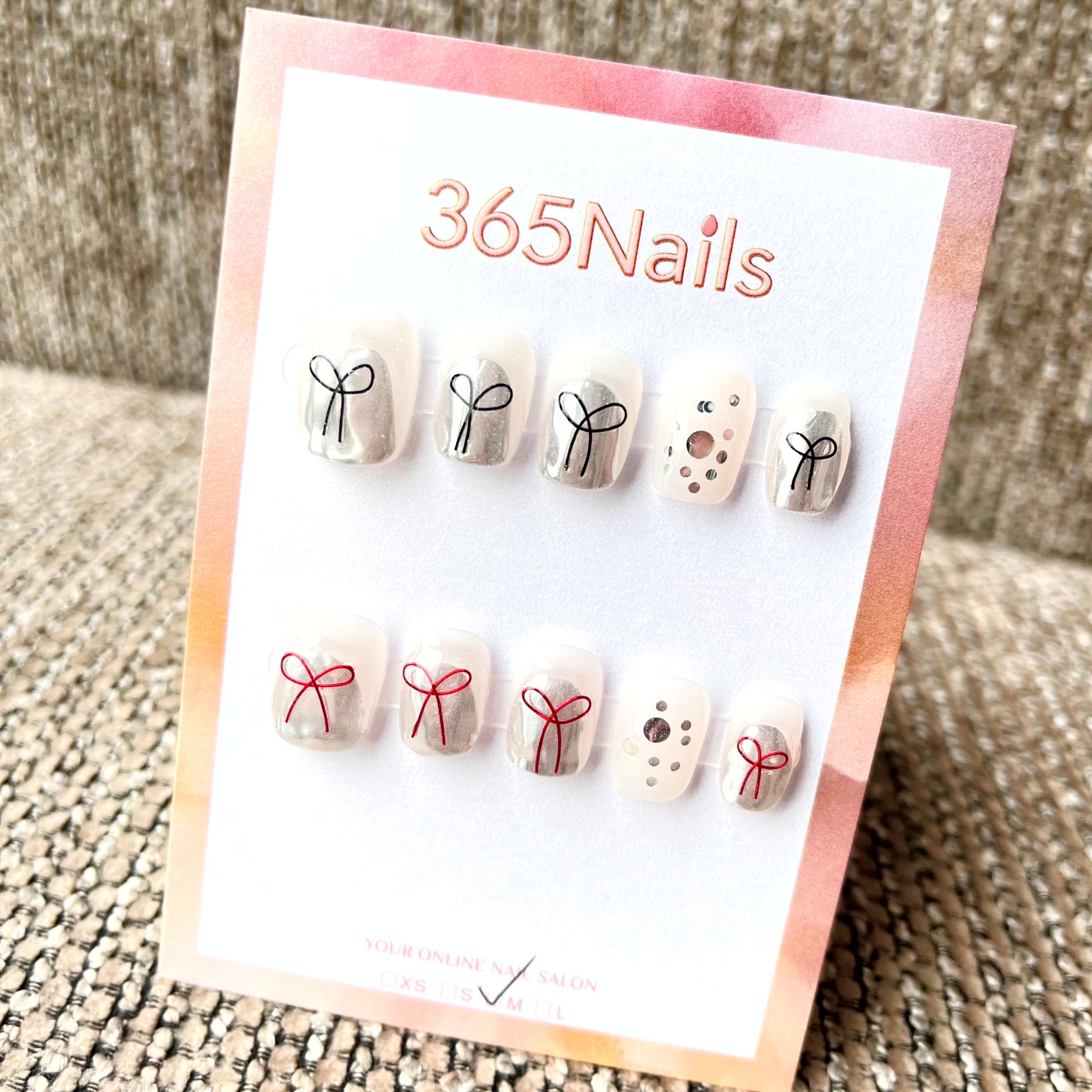 365nails: "絲緞蝴蝶結" – 3D手繪蝴蝶結手工製短款方形穿戴甲
