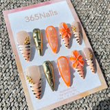 Sculpted Flora: "Liquid Gold Tigress" – 3D Orange Flower, Tiger Print French & Metallic Gold Water Drop Nails