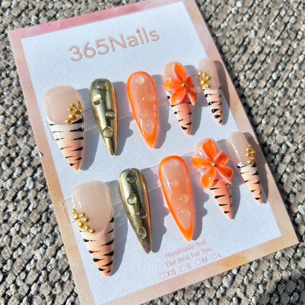 Sculpted Flora: "Liquid Gold Tigress" – 3D Orange Flower, Tiger Print French & Metallic Gold Water Drop Nails